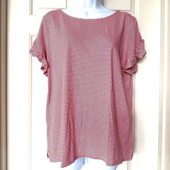 Ann Taylor Loft Red and White Striped Cotton Ruffle Sleeve T-Shirt - Picture 1 of 9